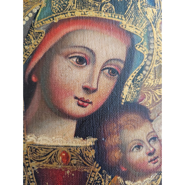 Mid 20th Century Pair Cusco School Paintings Madonna and Child & Archangel Barachiel 20th Century For Sale - Image 5 of 12