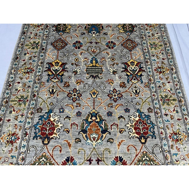 Sultani Pomegranate Floral Wool Rug in Gray, Teal and Burgundy, 5' X 6'9" For Sale - Image 6 of 15
