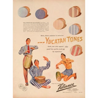 1948 American Men's Fashion Poster - Yucatan Tones (Shirts, Shorts, Pajamas) Linen-Backed For Sale