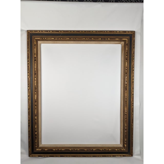 Large Vintage Carved Wood Picture Frame in Gold & Deep Blue With Cream Linen Liner For Sale - Image 13 of 15