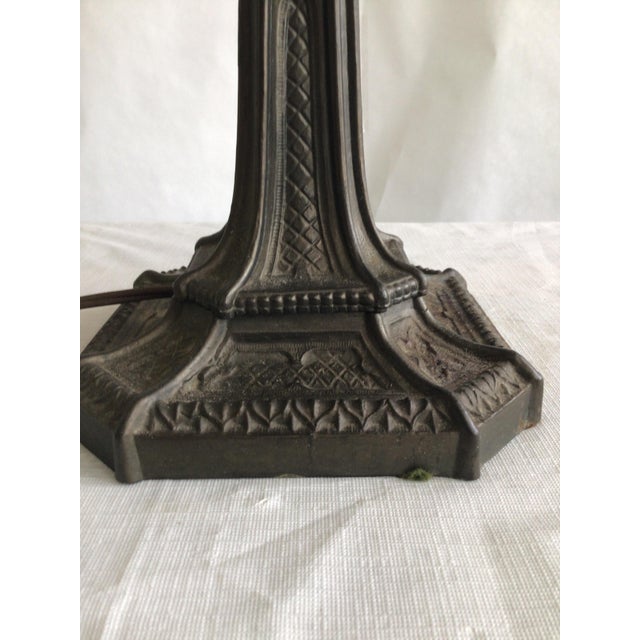 Art Nouveau 1920a Ornate Iron Leaded Glass Table Lamp For Sale - Image 3 of 11