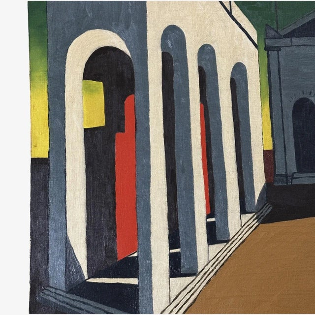 Vintage Surrealist Architectural Landscape (After Giorgio De Chirico) by j.d. Sine, Signed (1970, Oil on Canvas) For Sale In Philadelphia - Image 6 of 8