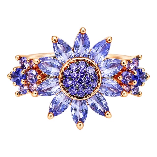 14K Pink Rose Gold Estate Iolite Tanzanite Sunflower Band Ring For Sale