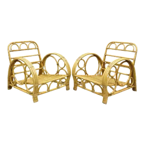 Mid 20th Century Vintage Hollywood Regency Bent Bamboo Wicker Rattan Pretzel Lounge Chairs - Pair