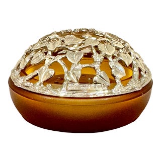 Vintage Christofle "Heart Meteor" Tea Light Candle Holder in Frosted Amber Glass With Ornate Cutout Silver Top For Sale
