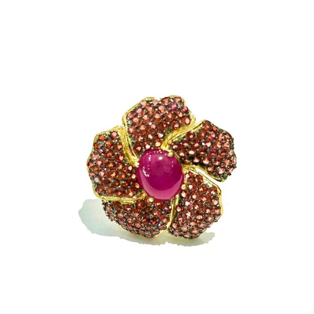 Bochic "Orient" Natural Ruby & Garant Cocktail Ring Set 18K Gold &Silver Natural Center Ruby - 5.00 Carat Natural Round...