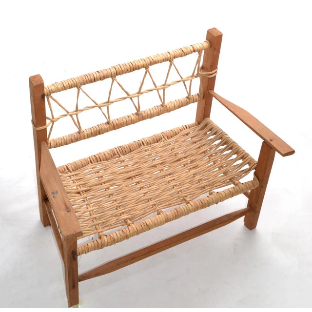 Wood Vintage American Mid-Century Modern Woodworking & Cane Handwoven Doll, Teddy Bear Bench For Sale - Image 7 of 13