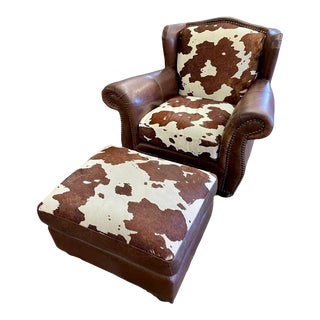 1990s Leather Club Accent Chair and Ottoman With Nailhead Trim - 2 Pieces For Sale