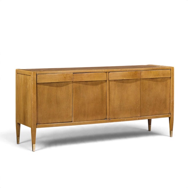American of Martinsville Mid Century Walnut and Cane Credenza with Hutch The credenza measures: 60 wide x 17.5 deep x 28...