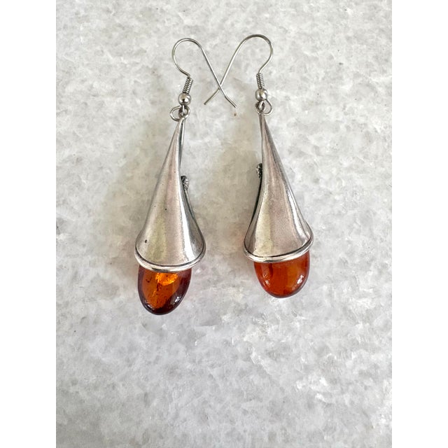 Contemporary Vintage Amber and Sterling Silver Lily Drop Earrings For Sale - Image 3 of 5