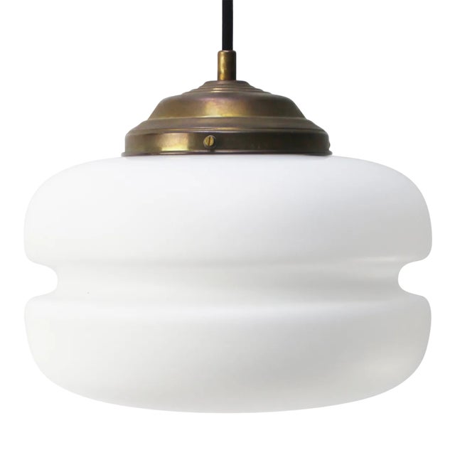 Mid-Century White Matte Opaline Glass and Brass Pendant Light For Sale