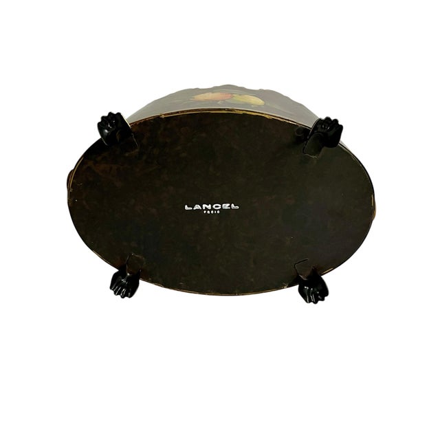 Maison Lancel Vintage French Black Tole Cachepot With Hand-Painted Fruit and Gilt Scalloped Rim Lion Head Ring Handles For Sale - Image 9 of 17