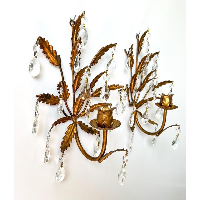 Mid Century Italian Gold Gilt Tole & Crystal Wall Sconces — Hollywood Regency / Italian Florentine Style For Sale In Houston - Image 6 of 11