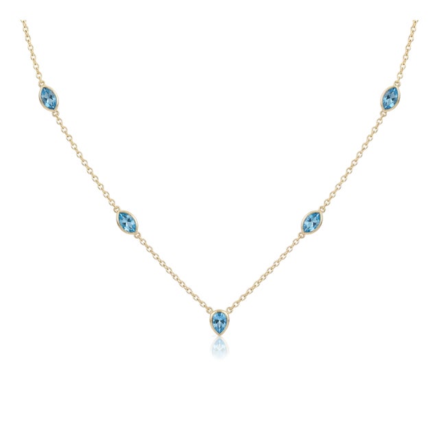 Swiss Blue Topaz Station Necklace | Blue Gemstone Marquise & Pear Cut Charm Necklace | December Birthstone Neckalce For Sale