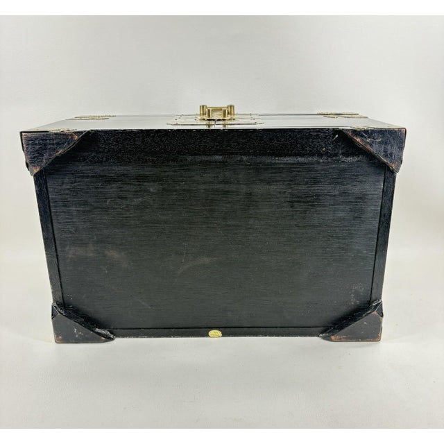 Textile Large Vintage Chinese Black Lacquer Jewelry Box With Ornate Brass "Fu" Detail For Sale - Image 7 of 11