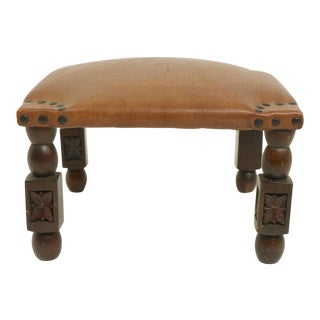 Vintage Leather and Wood Footrest Ottoman Cricket Bench Made in Mexico For Sale