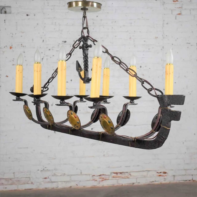 Antique Gothic or Spanish Revival Style Cast Iron Chandelier Viking Longboat Ship With Horse Head and Shields For Sale - Image 4 of 13