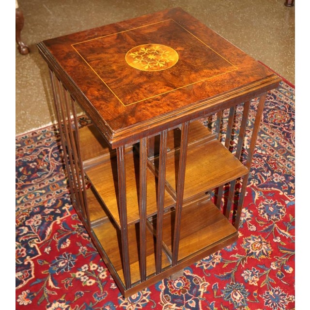 Traditional 1960s English Edwardian Burl Wood Inlaid Revolving Bookcase For Sale - Image 3 of 11