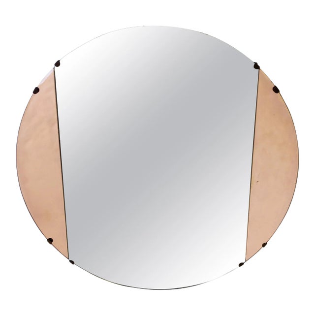 Art Deco Pink Rose Glass Round Wall Mirror, Circa 1940s For Sale