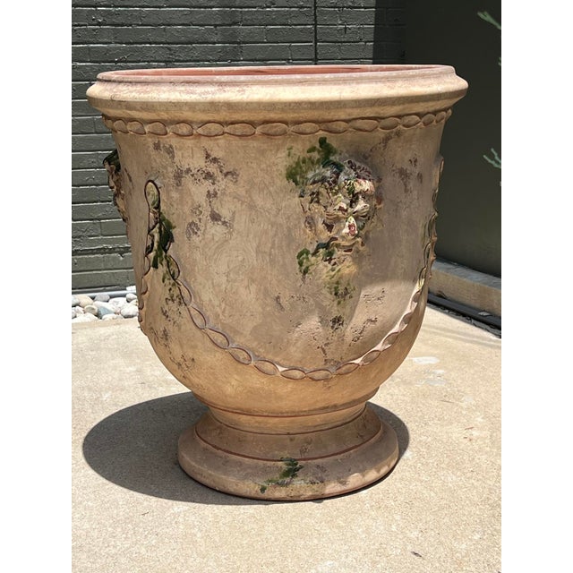 French Country Pair of French Garden Pots From Anduze With Antiqued Patina, Mascarons and Swags For Sale - Image 3 of 16