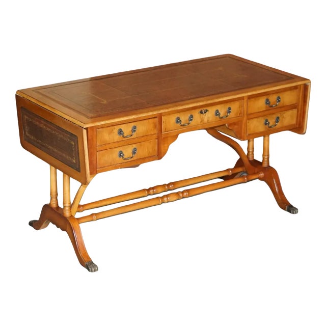 Brown Leather & Burr Yew Wood Extending Writing Desk For Sale