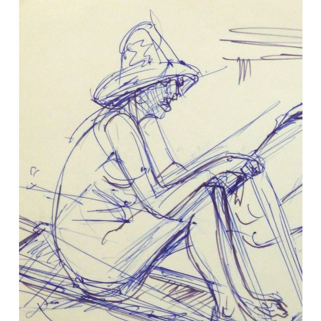 Ink drawing of two female figures enjoying an afternoon of nude sunbathing by artist Irmgard von Reppert, circa 1960....