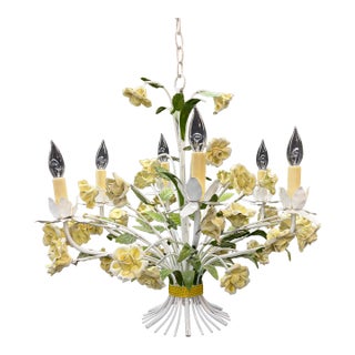 Vintage Italian Style Painted Tole Floral 6-Arm Chandelier With Yellow Roses For Sale