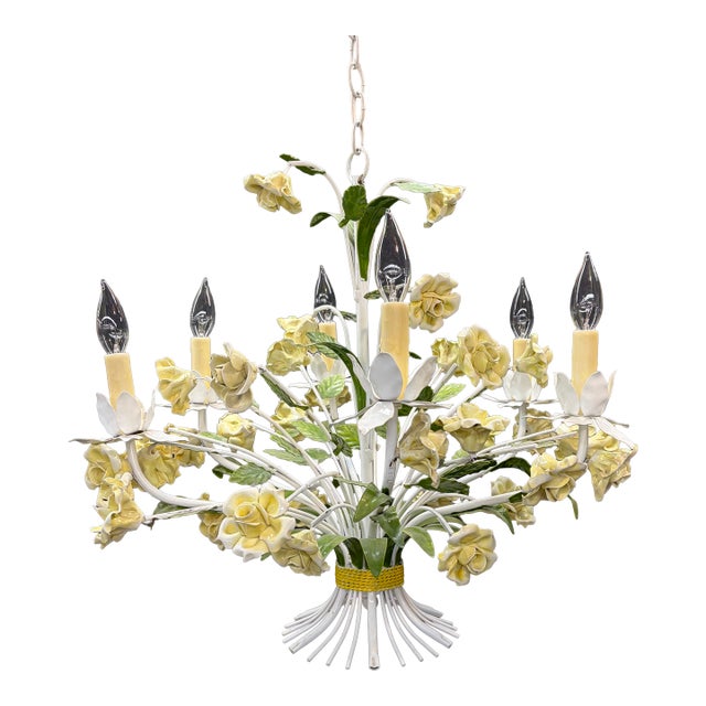Vintage Italian Style Painted Tole Floral 6-Arm Chandelier With Yellow Roses For Sale