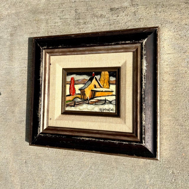 Goldenrod Vintage Boho Winter Farm Oil Painting in Frame For Sale - Image 8 of 8