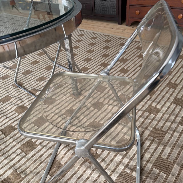 Vintage Castelli Italy Chrome & Glass Dining Set – 4 Piretti Style Lucite Chairs For Sale - Image 9 of 11