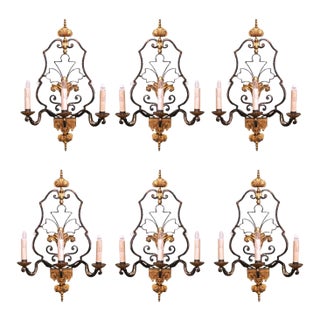 Set of Six Early 20th Century French Iron Three-Light Sconces With Gilt Accents For Sale