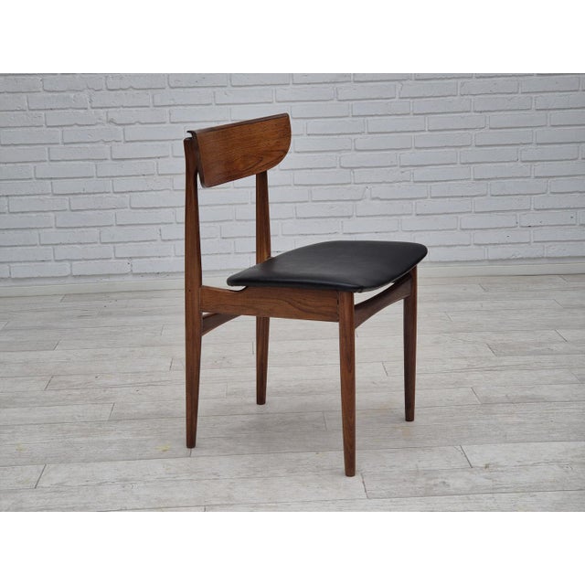 1960s, set of 5 Danish dining chairs. Reupholstered in black eco leather, renewed teak wood. Manufactured by Danish...