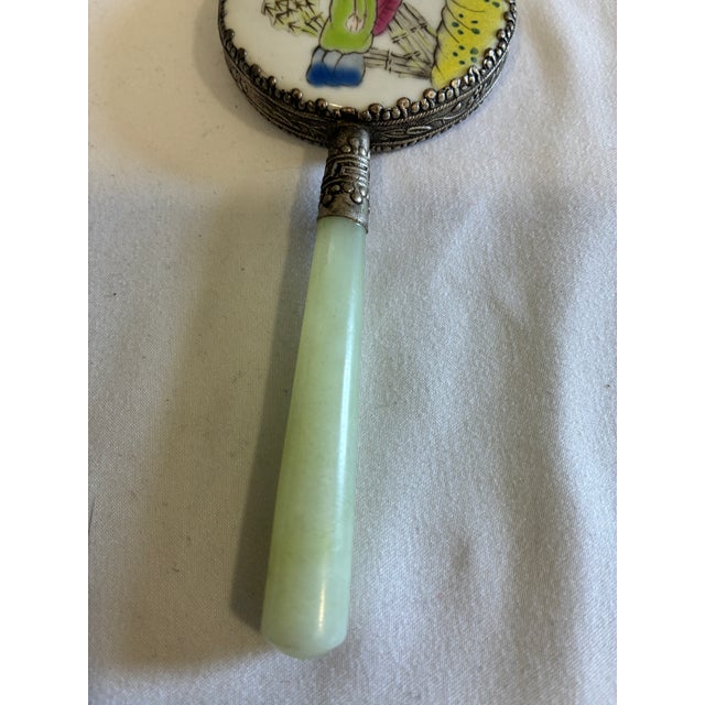 Vintage Hand Mirror With Jade Handle & Hand-Painted Asian Scene For Sale - Image 11 of 11