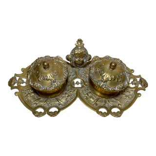 Antique Ornate 1800's Victorian Cherub Gilt Bronze Brass Desk Inkwell Stand Tray For Sale
