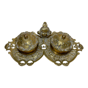Antique Ornate 1800's Victorian Cherub Gilt Bronze Brass Desk Inkwell Stand Tray
