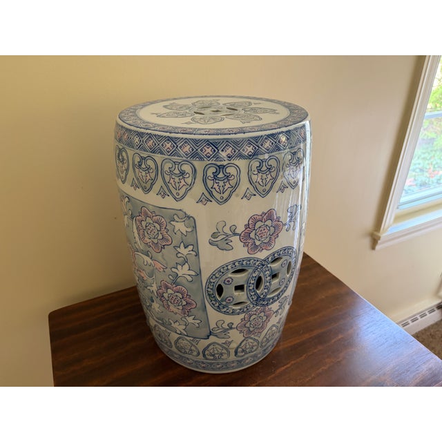Chinoiserie Chinoiserie Floral Blue, White, and Pink Porcelain Garden Stool or Side Table For Sale - Image 3 of 7