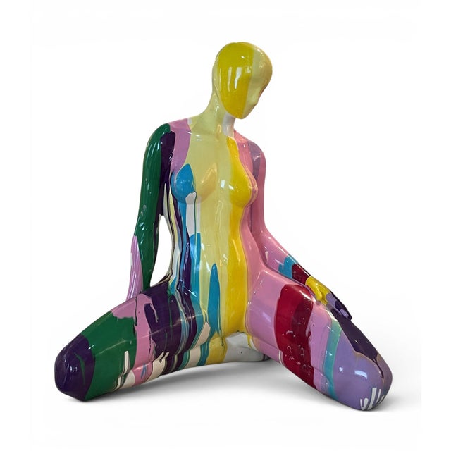 Signed, Beth Taylor, Fiberglass Female Sculpture, lacquered in a multi-color abstract design.