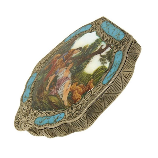 Contemporary Antique Silver 800 Hand Painted Porcelain Powder Compact Shepherd Scene For Sale - Image 3 of 5