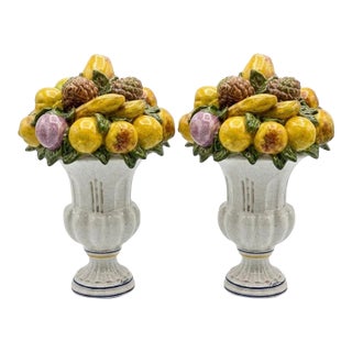 A Pair of Vintage Italian Majolica Fruit Topiary Centerpiece Urns For Sale