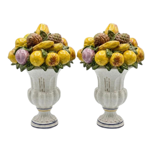 A Pair of Vintage Italian Majolica Fruit Topiary Centerpiece Urns