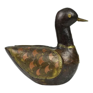 Mid 20th Century Solid Wood Carved Duck Bird Embellished With Copper and Brass Accents Figurine