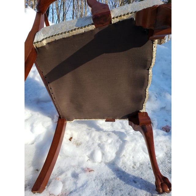 1920s Chippendale Style Dining Room Arm Chair Ivory Brocade Seat Ball & Claw For Sale - Image 11 of 11
