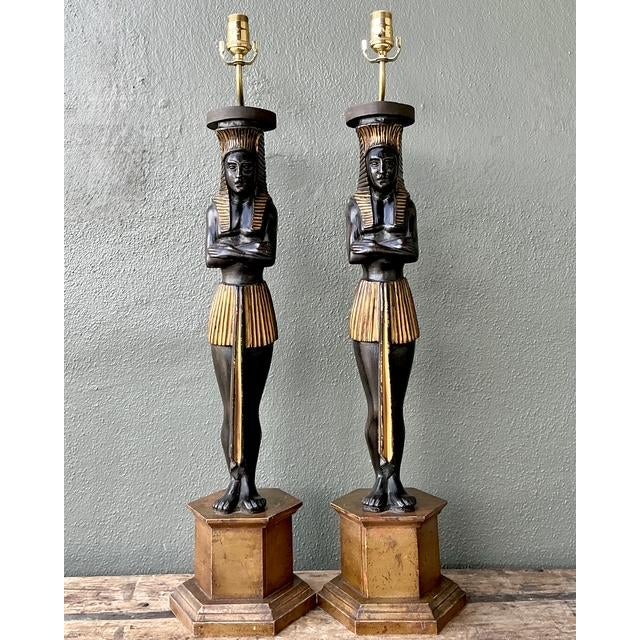 Vintage Monumental Ebonized Pharaoh Table Lamps - A Pair For Sale In West Palm - Image 6 of 12