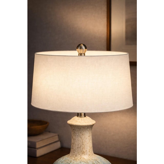 Ceramic Late 20th Century Hand-Glazed Ceramic Table Lamp With Blue Reactive Glaze and Linen Drum Shade For Sale - Image 7 of 8