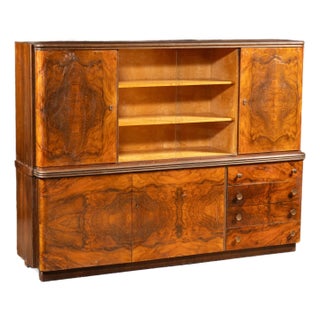Early 20th Century Art Deco Italian Rosewood Burl Veneer and Birdseye Maple Two-Piece Hutch For Sale
