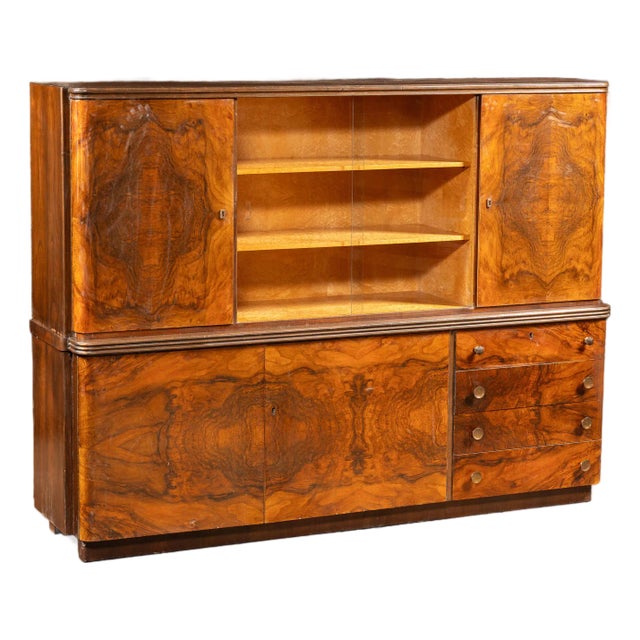 Early 20th Century Art Deco Italian Rosewood Burl Veneer and Birdseye Maple Two-Piece Hutch For Sale