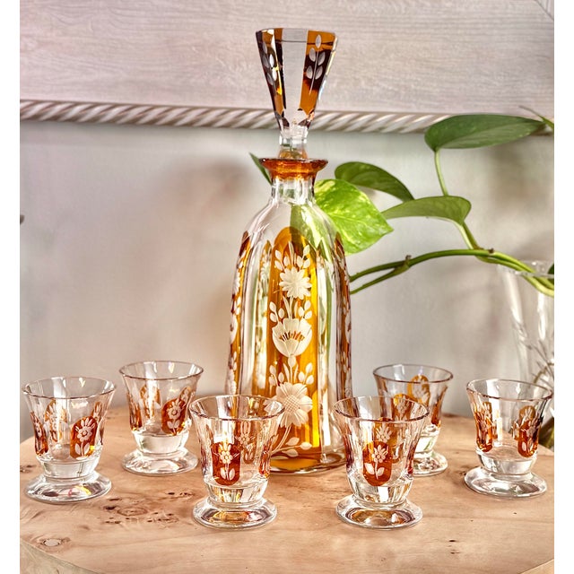Vintage Art Deco Amber Cut Floral Etched Crystal Decanter Set With 6 Glasses - 7 pcs For Sale - Image 12 of 12