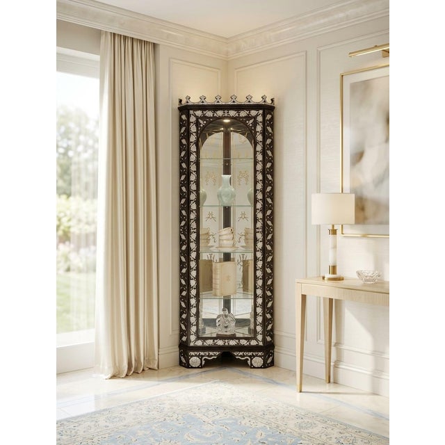 1980s Vintage Corner Style Mother of Pearl Inlaid Vitrine For Sale In Los Angeles - Image 6 of 18