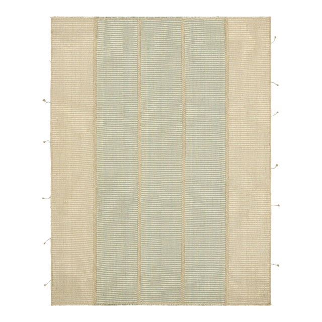 Rug & Kilim’s Contemporary Kilim in Beige, White and Blue Textural Stripes For Sale
