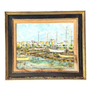 Vintage Original Waterfront Original Oil Painting on Canvas For Sale